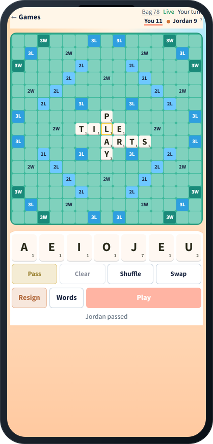 Mid-game Racketile board and rack
