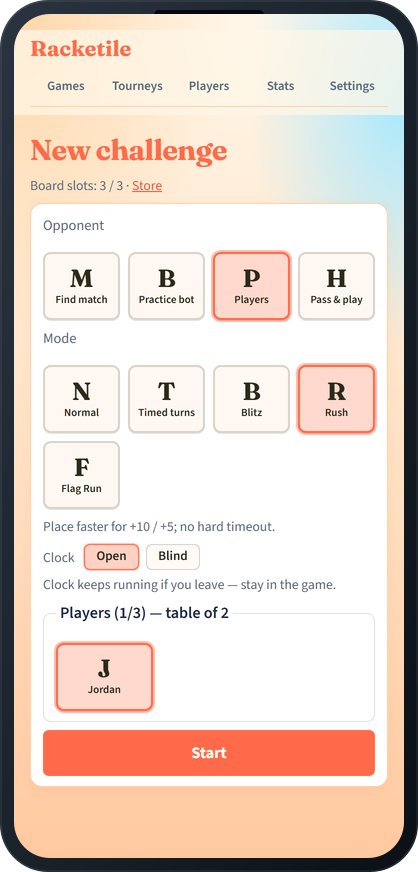 Challenging a player in Racketile