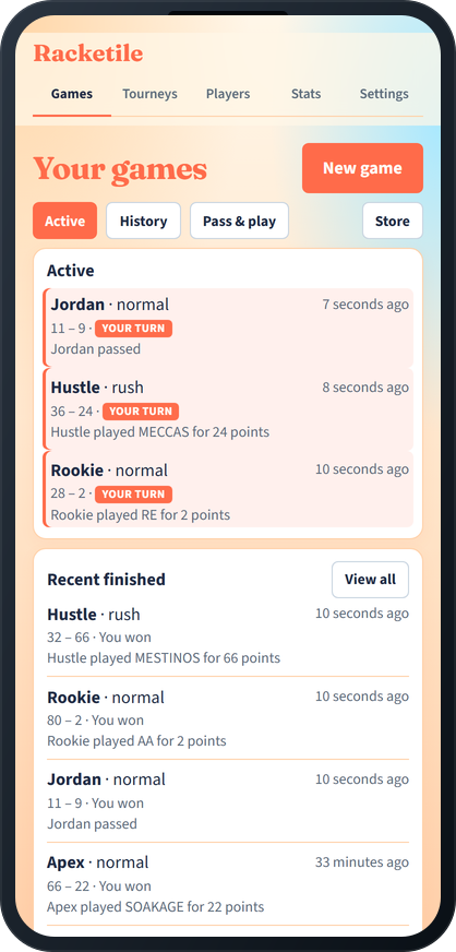 Racketile home with active games