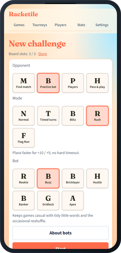 Choosing a Racketile game mode